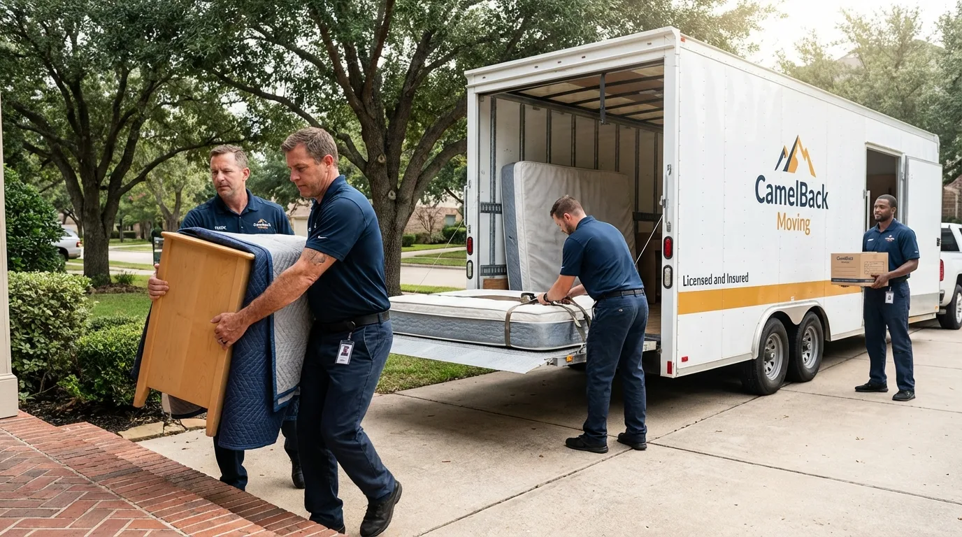 Crew loading residential truck for cross-state move from La Verne, CA