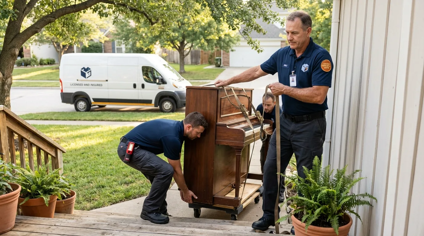 Licensed piano movers securing grand piano in La Verne, CA