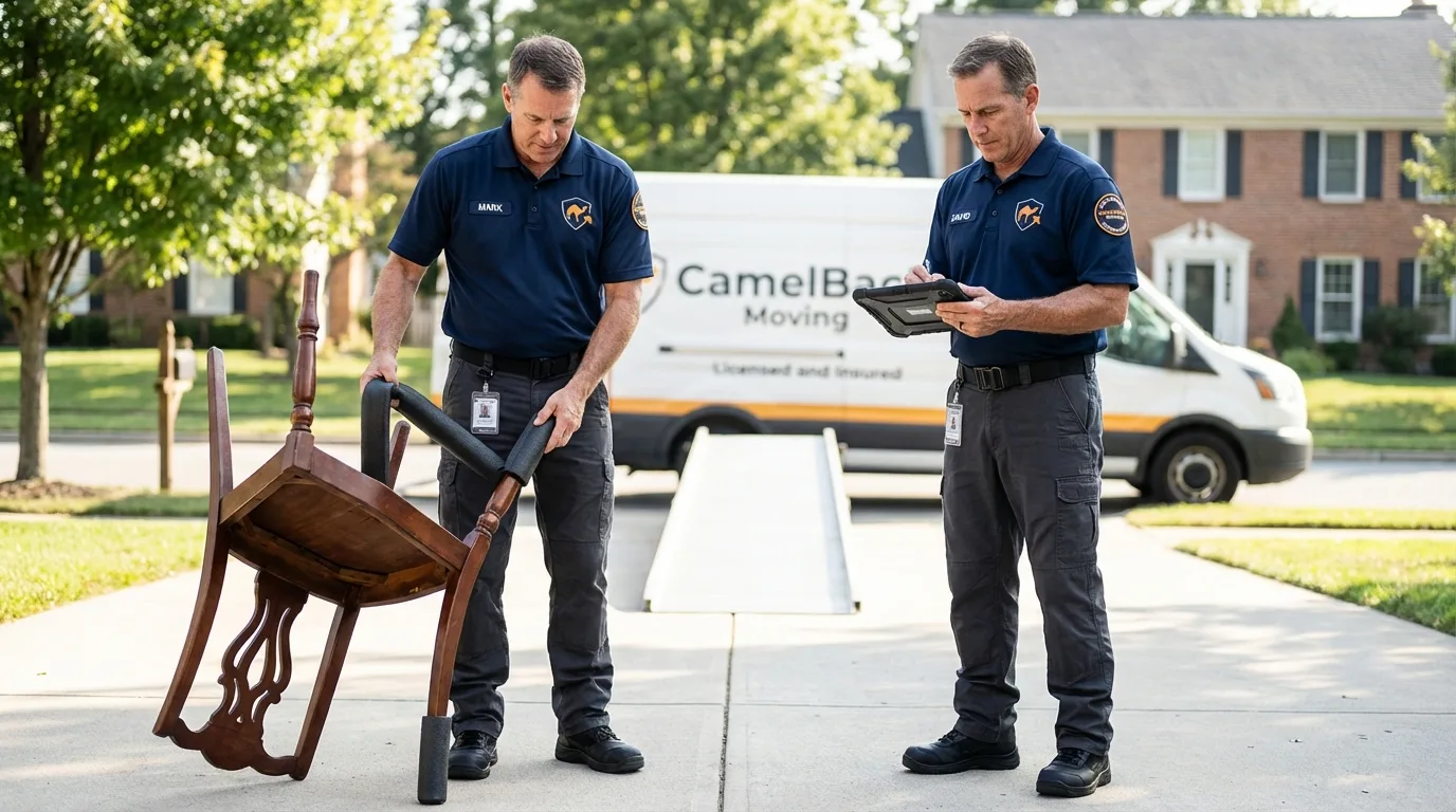 Movers inspecting furniture for damage prevention before loading in La Verne, CA