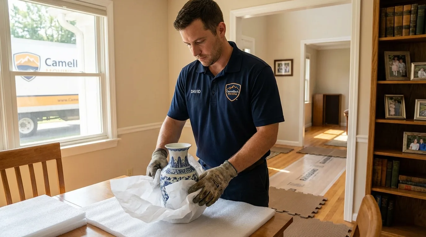 Professional crew carefully wrapping antique vase for senior downsizing move in La Verne, CA